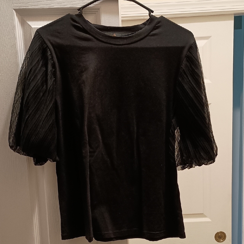 Black Top with Sheer Puff Sleeves